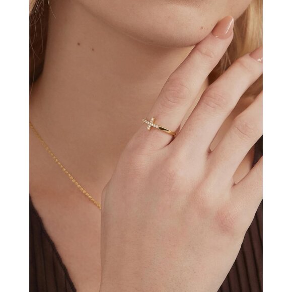 Women's 14K Gold Plated Cubic Zirconia Cross Eternity Promise Ring Gift - Picture 2 of 6